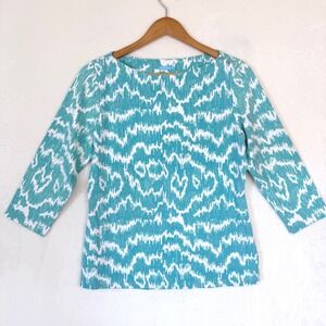 J McLaughlin Teal White Ikat Print Boat Neck 3/4 Sleeve Top Women's Large
